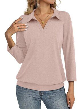 Women's Oatmeal V Neck Banded Bottom 3/4 Sleeve Shirts Collared Casual Blouses